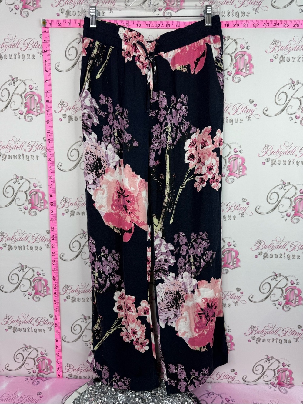 B young navy Black Wide-Leg Floral Palazzo Pants with Pink Blooms